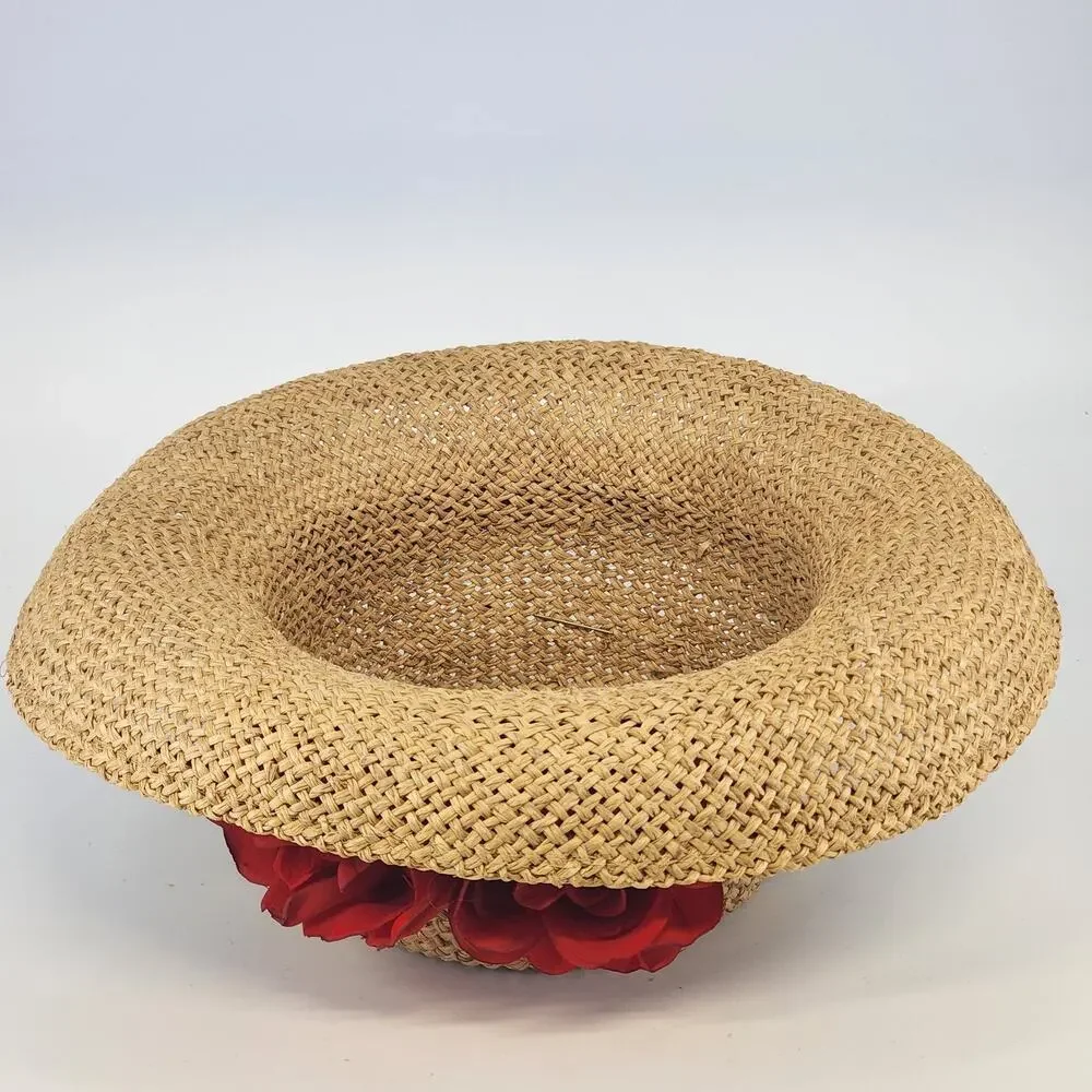 Eric Javits Luxury Squishee Sun Hat Beige Packable Woven Rose Brim Hatpin Vtg - Picture 9 of 14